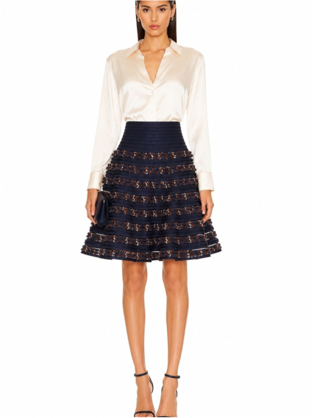 Oscar de la Renta Silk Lined Wool Blend Tweed Ribbon Midi Skirt Navy A Line Text - Picture 1 of 10